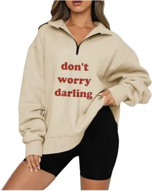 Oversized Sweatshirt For Women Trendy Half Zip Letter Pattern Pullover Long Sleeve Autumn Sweatshirt