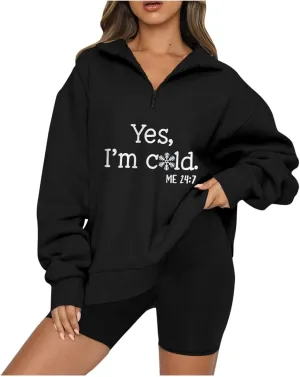 Oversized Sweatshirt For Women Trendy Half Zip Letter Pattern Pullover Long Sleeve Autumn Sweatshirt