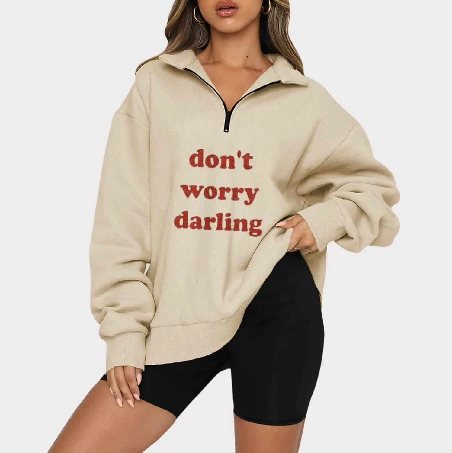 Oversized Sweatshirt For Women Trendy Half Zip Letter Pattern Pullover Long Sleeve Autumn Sweatshirt