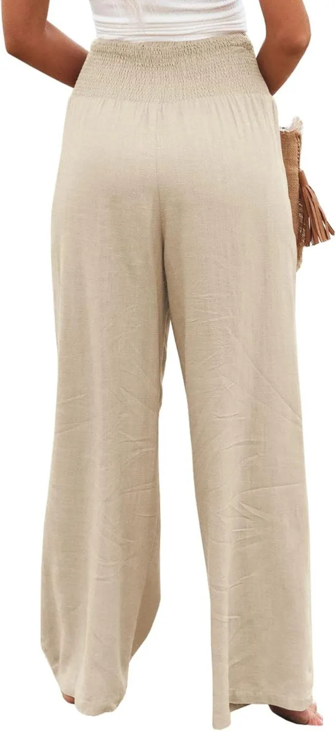Palazzo Pants for Women Dressy High Waisted Cotton Linen Pants Wide Leg Long Pants Casual Trousers with Pockets