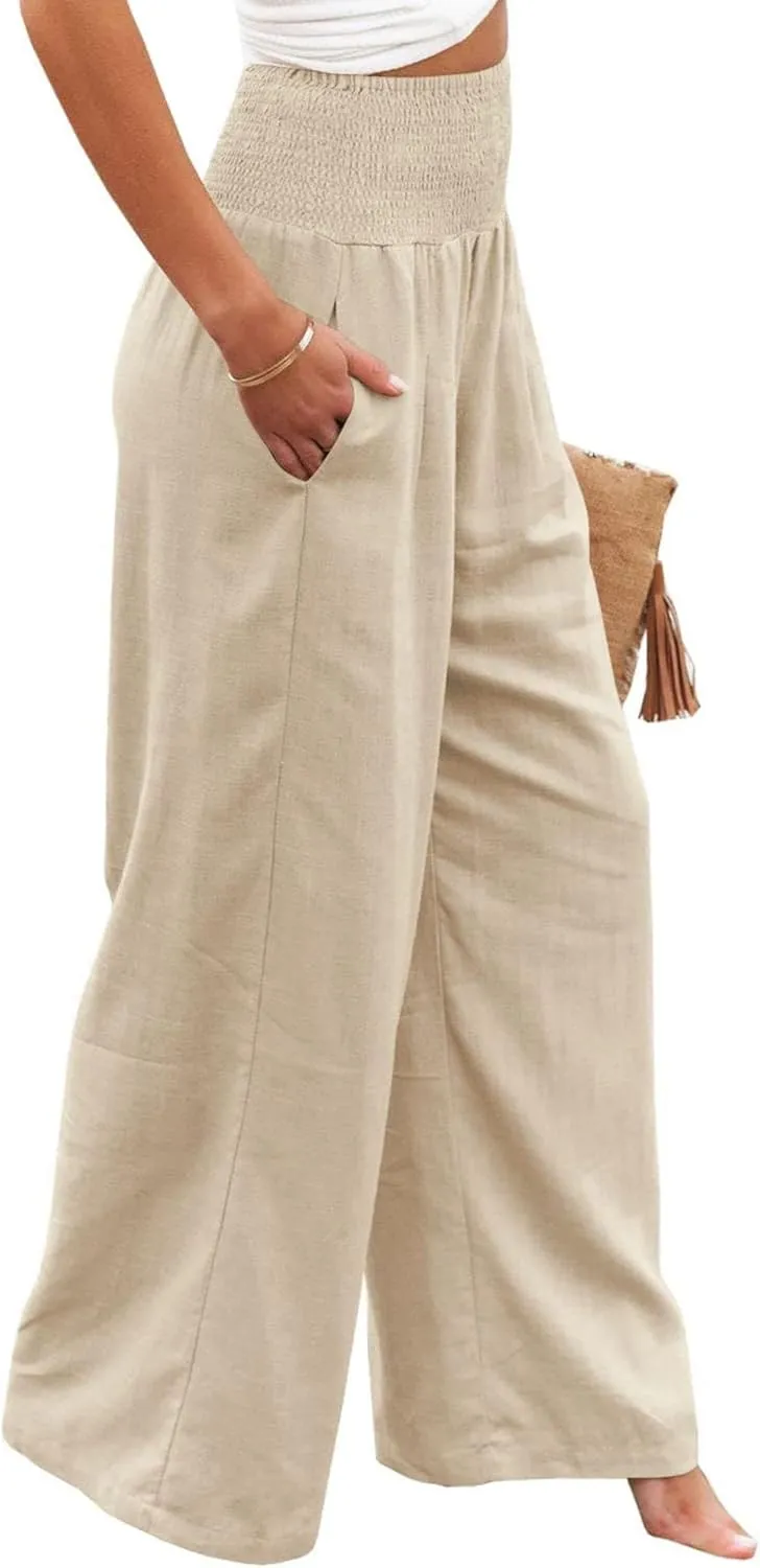 Palazzo Pants for Women Dressy High Waisted Cotton Linen Pants Wide Leg Long Pants Casual Trousers with Pockets