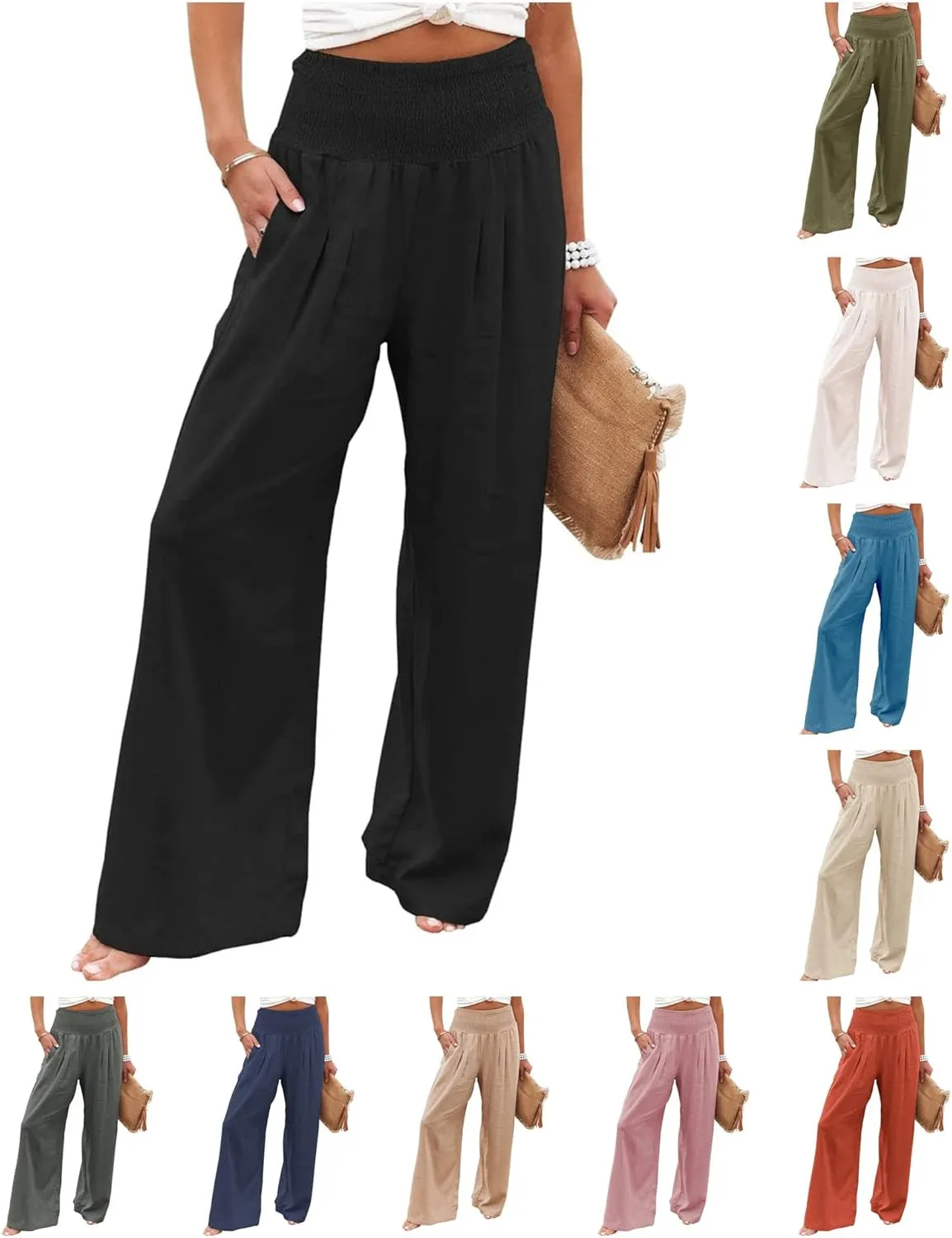Palazzo Pants for Women Dressy High Waisted Cotton Linen Pants Wide Leg Long Pants Casual Trousers with Pockets