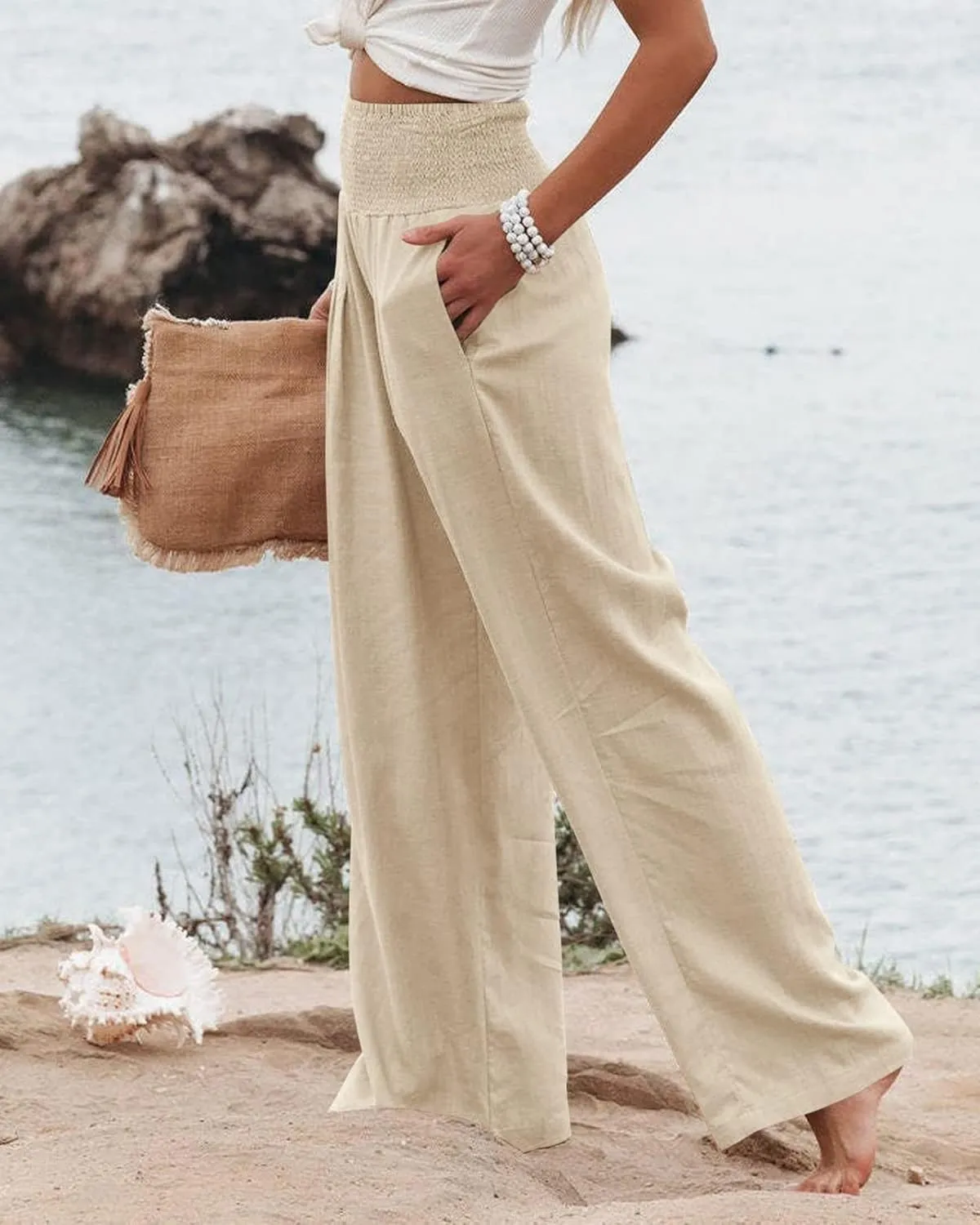 Palazzo Pants for Women Dressy High Waisted Cotton Linen Pants Wide Leg Long Pants Casual Trousers with Pockets
