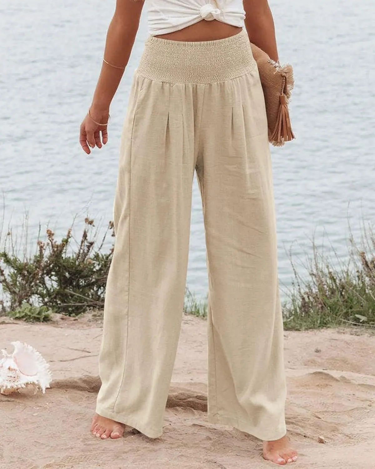 Palazzo Pants for Women Dressy High Waisted Cotton Linen Pants Wide Leg Long Pants Casual Trousers with Pockets