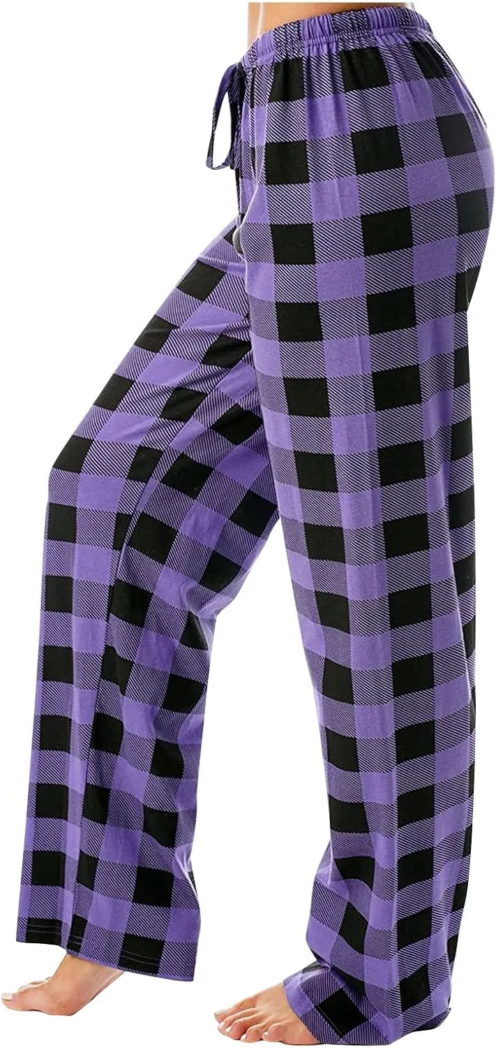 Plaid Pajama Pants Women Stretch Comfy Lounge Pj Pants Drawstring Lounge Striped Pajama Bottoms with Pockets