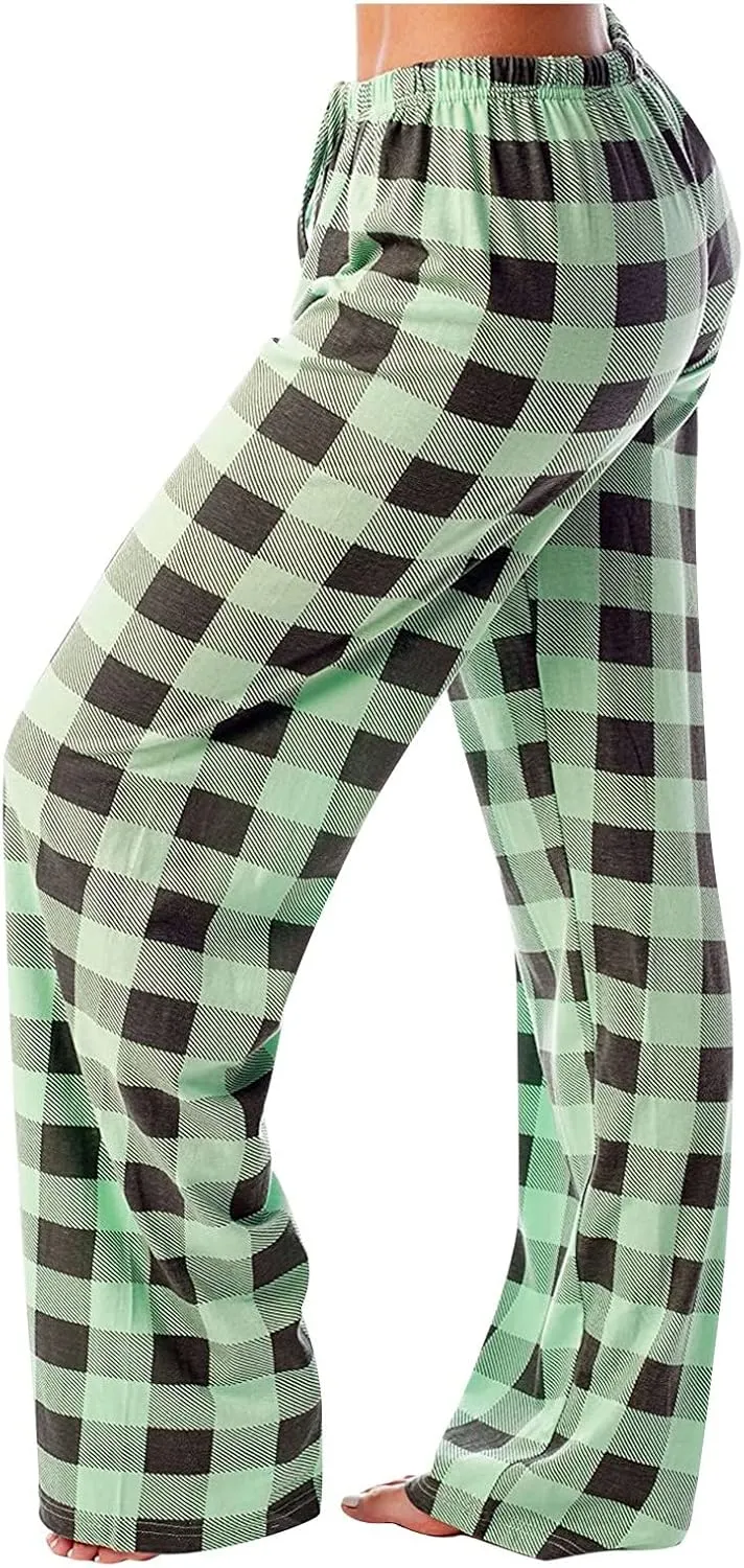 Plaid Pajama Pants Women Stretch Comfy Lounge Pj Pants Drawstring Lounge Striped Pajama Bottoms with Pockets
