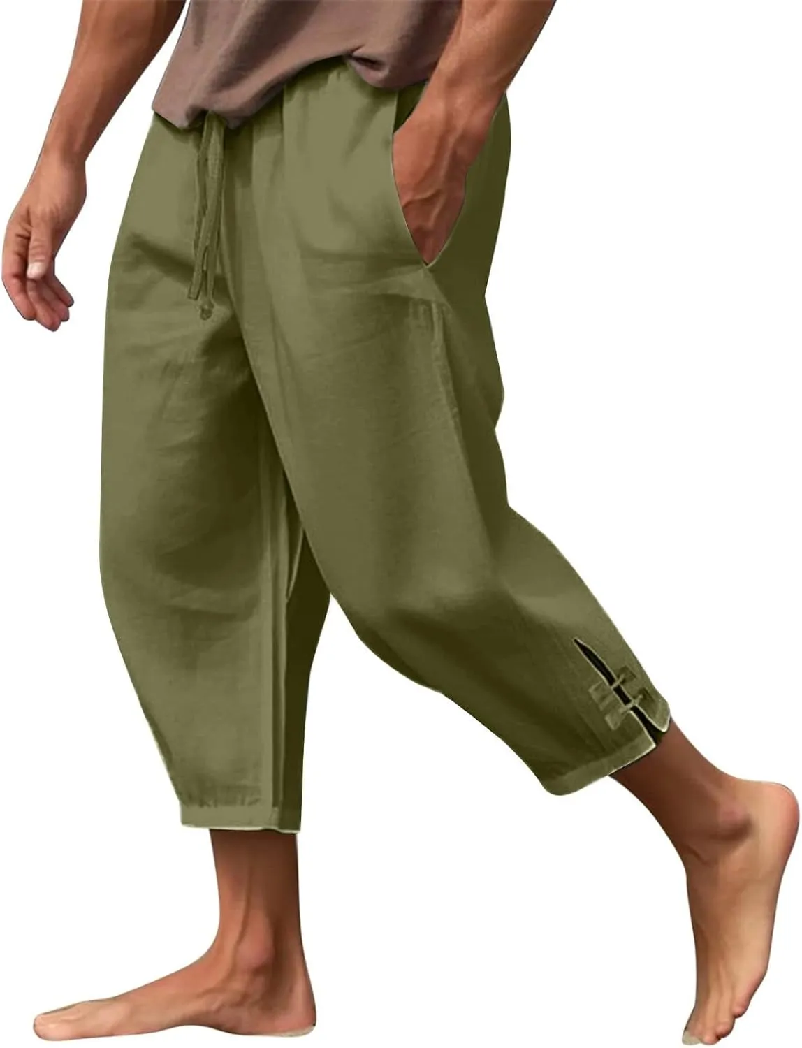 Plus Size Cropped Pants Men Summer Drawstring Elastic Waist Pants Crop Linen Pants with Pockets Hippie Harem Pants