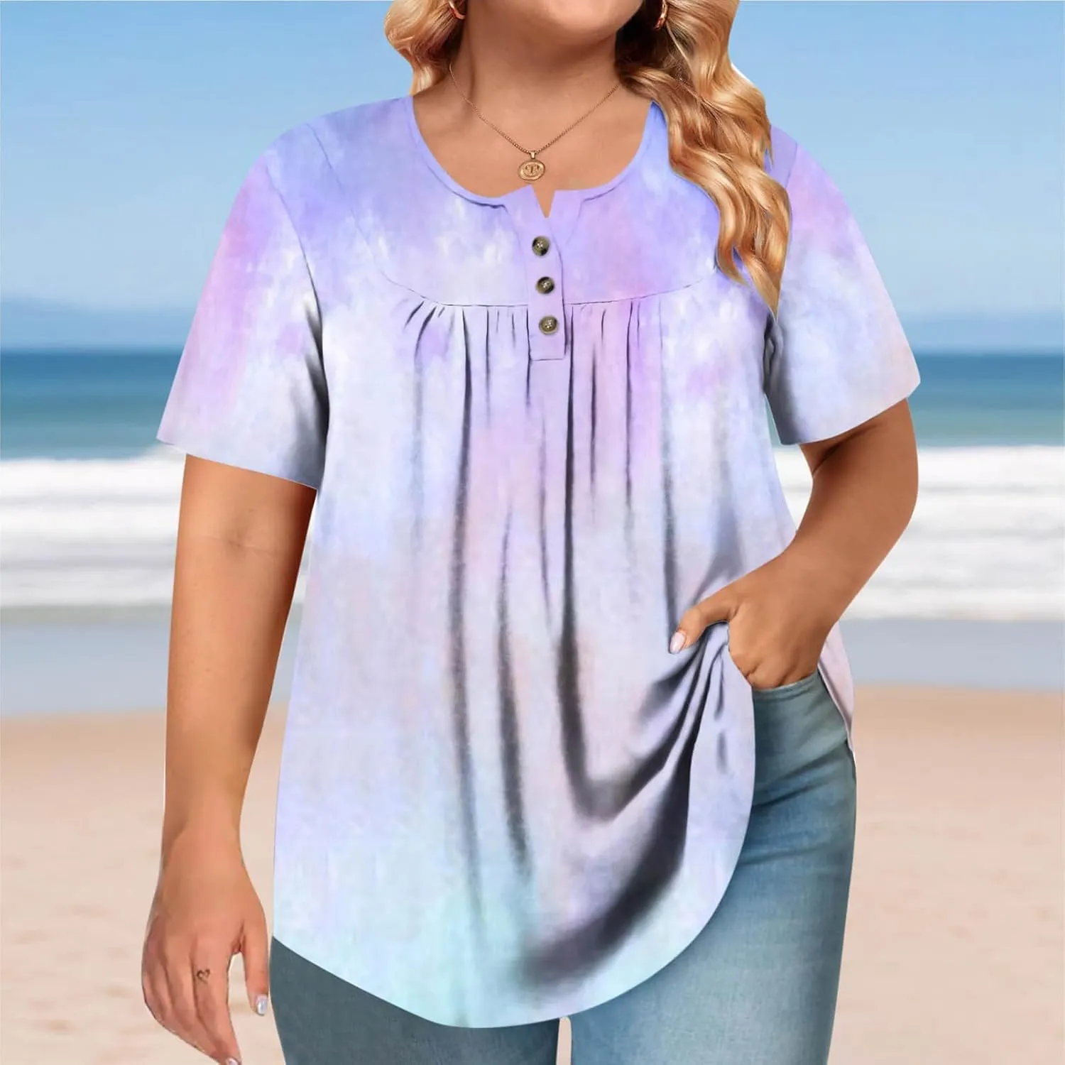 Plus Size Top for Women Button Up Henley Shirts Short Sleeve Summer Crew Neck Pleated Casual Trendy Tie Dye Tunic Blouse