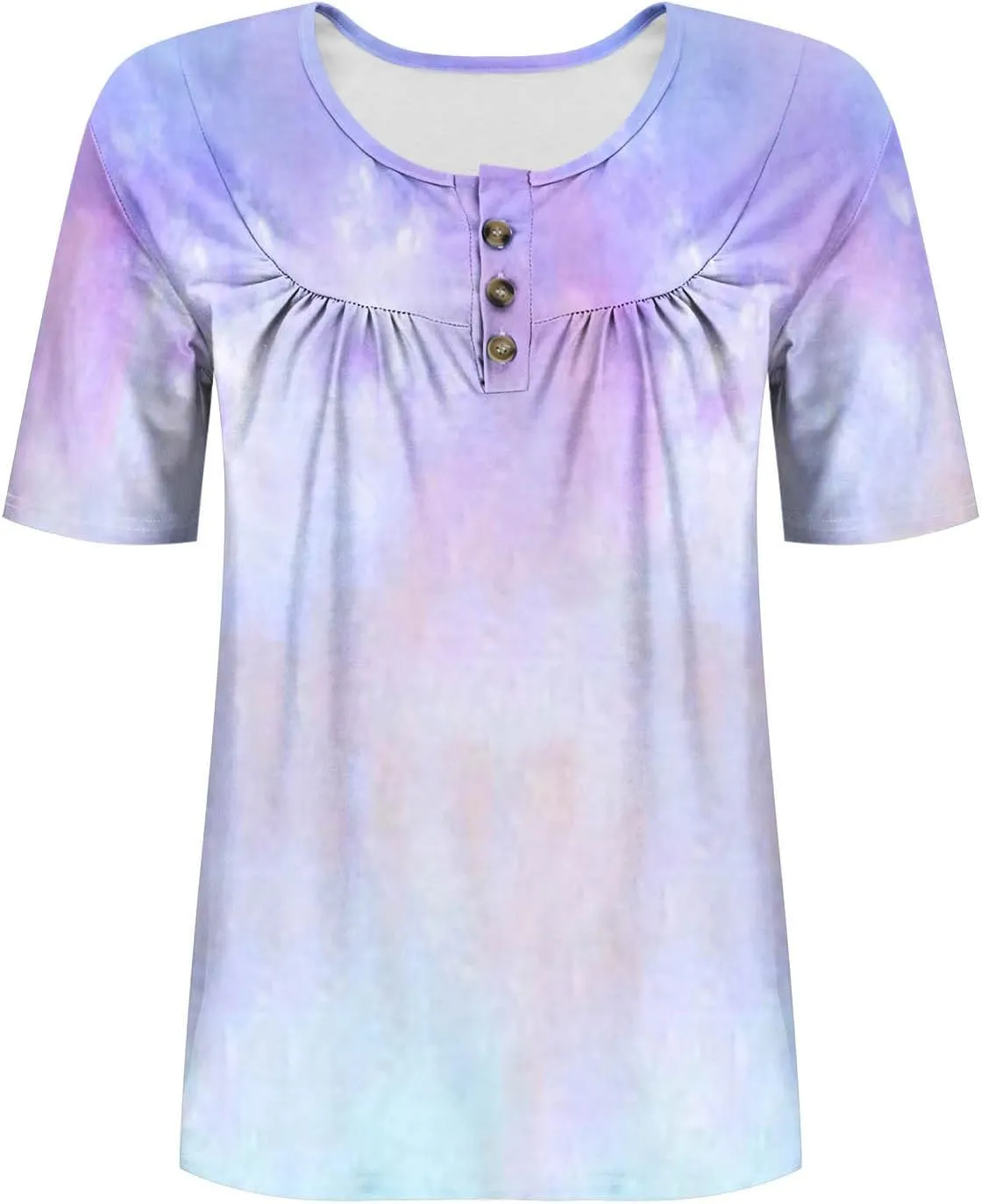 Plus Size Top for Women Button Up Henley Shirts Short Sleeve Summer Crew Neck Pleated Casual Trendy Tie Dye Tunic Blouse