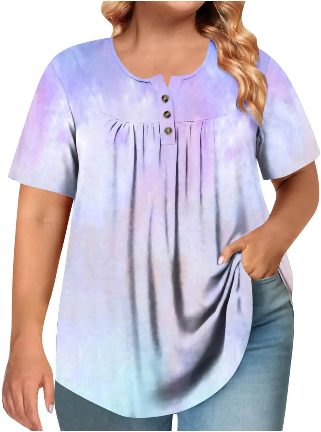 Plus Size Top for Women Button Up Henley Shirts Short Sleeve Summer Crew Neck Pleated Casual Trendy Tie Dye Tunic Blouse