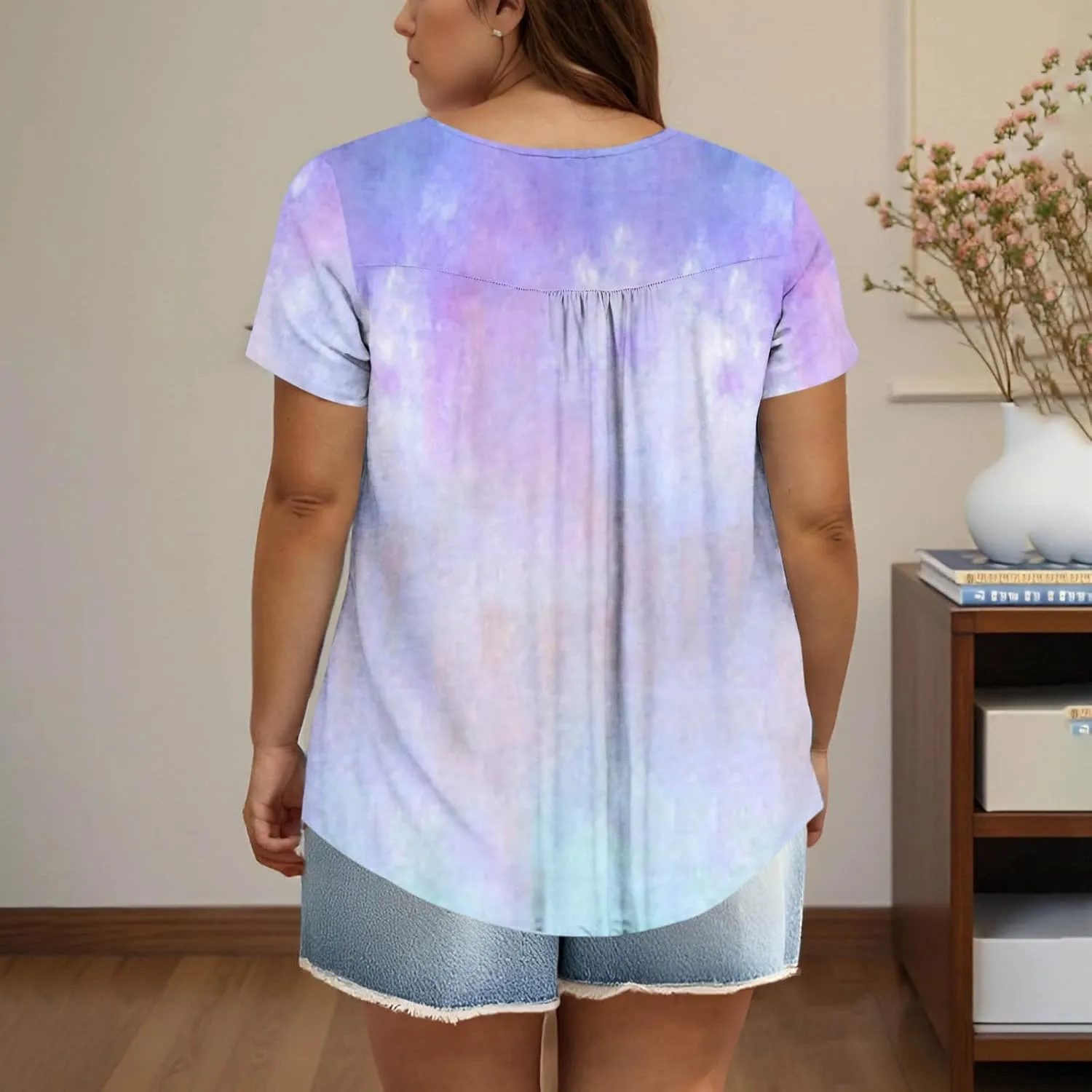 Plus Size Top for Women Button Up Henley Shirts Short Sleeve Summer Crew Neck Pleated Casual Trendy Tie Dye Tunic Blouse