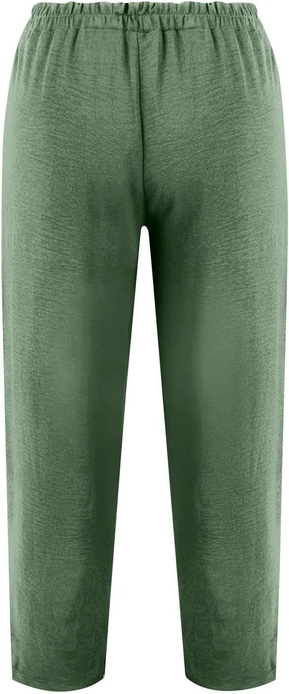 Plus Size Wide Leg Linen Pants for Women Baggy Elastic High Waisted Barrel Pants Casual Lounge Pants with Pockets