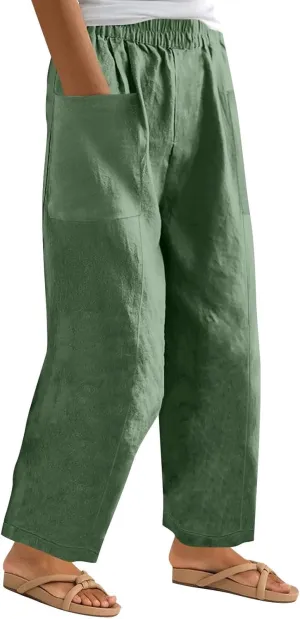 Plus Size Wide Leg Linen Pants for Women Baggy Elastic High Waisted Barrel Pants Casual Lounge Pants with Pockets