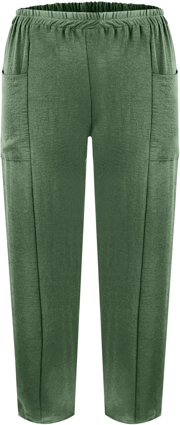 Plus Size Wide Leg Linen Pants for Women Baggy Elastic High Waisted Barrel Pants Casual Lounge Pants with Pockets