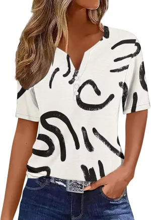 Retro Floral Shirts for Women Henley V Neck Button Down Shirt Trendy Sexy Slim Tunic Blouses Loose Casual Tops