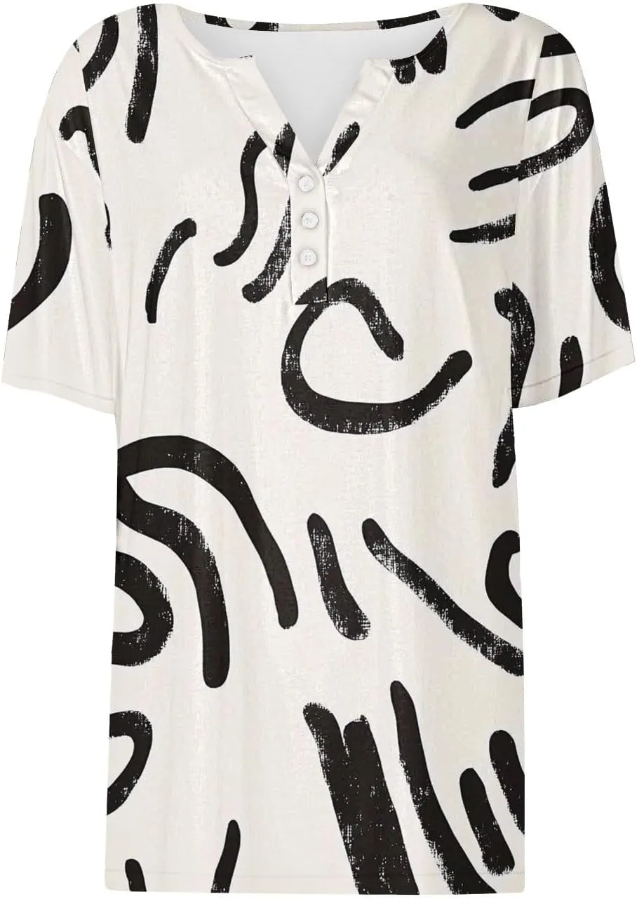 Retro Floral Shirts for Women Henley V Neck Button Down Shirt Trendy Sexy Slim Tunic Blouses Loose Casual Tops