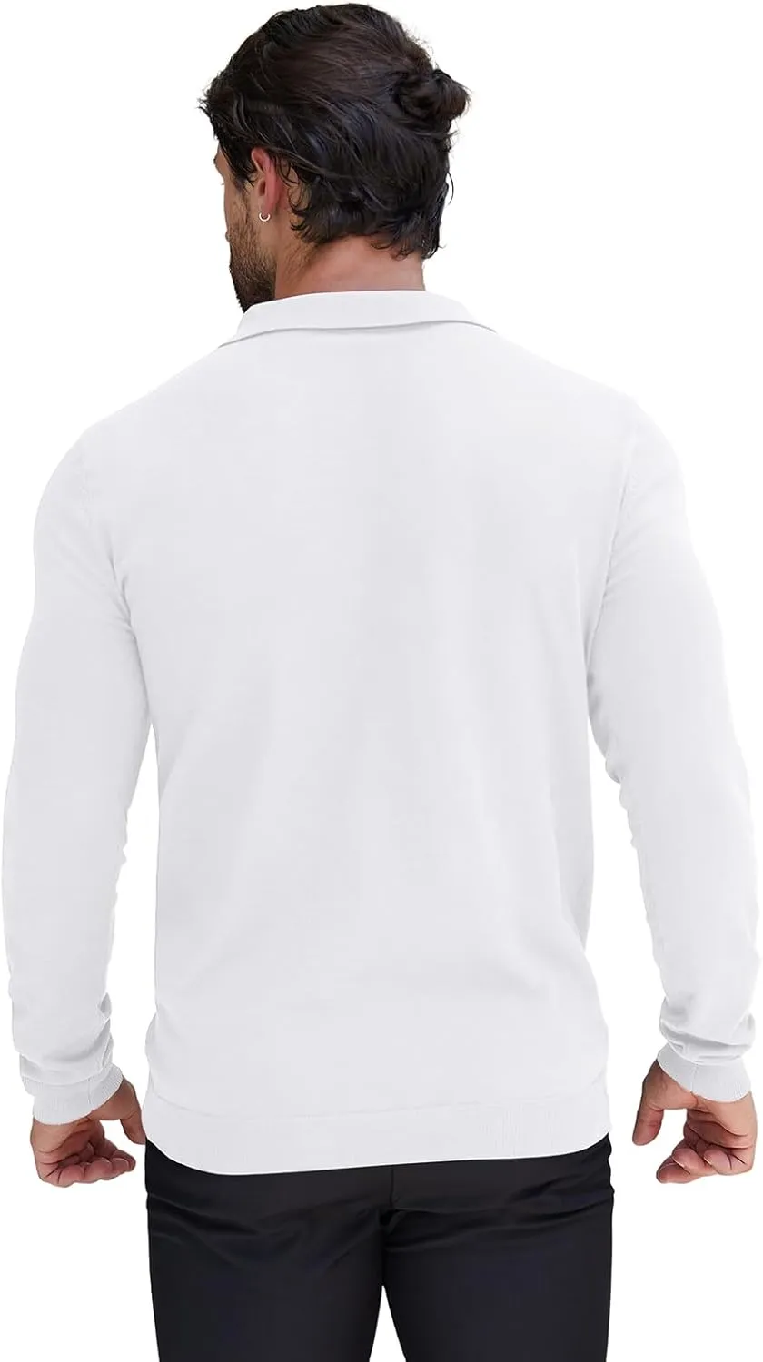 RQP Mens Zipper Polo Shirts Knit Casual Shirts Short/Long Sleeve,Stretch Slim Fit Golf Shirts,Soft Pullover