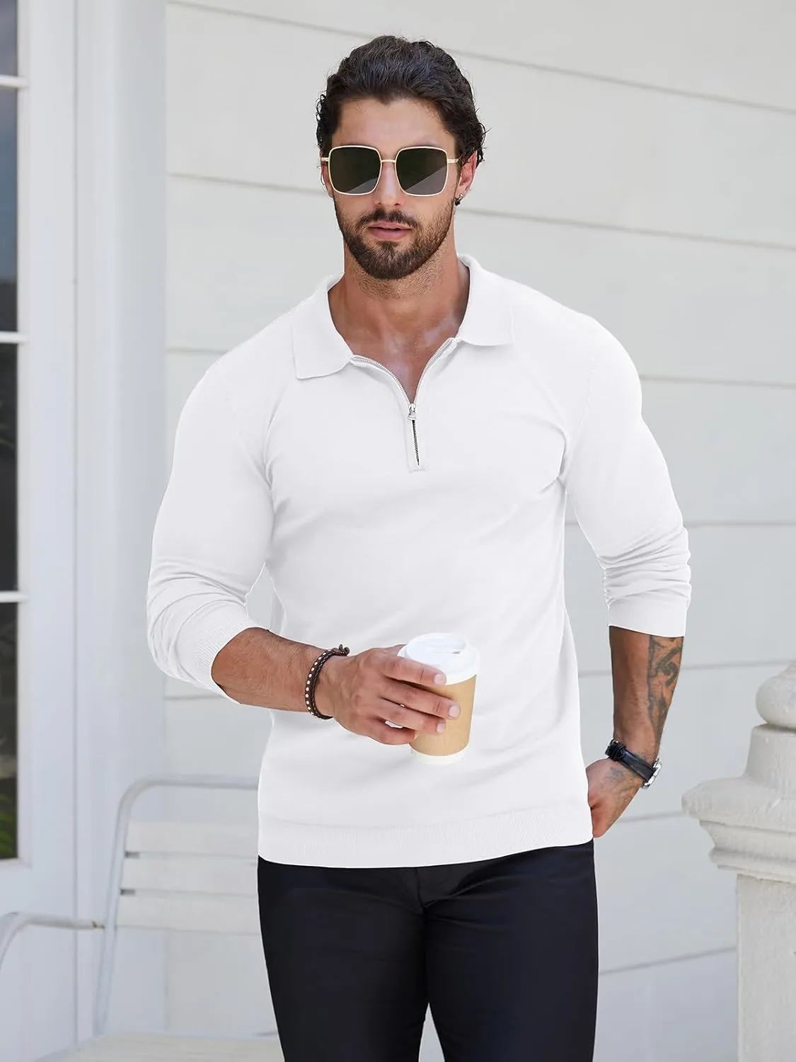 RQP Mens Zipper Polo Shirts Knit Casual Shirts Short/Long Sleeve,Stretch Slim Fit Golf Shirts,Soft Pullover