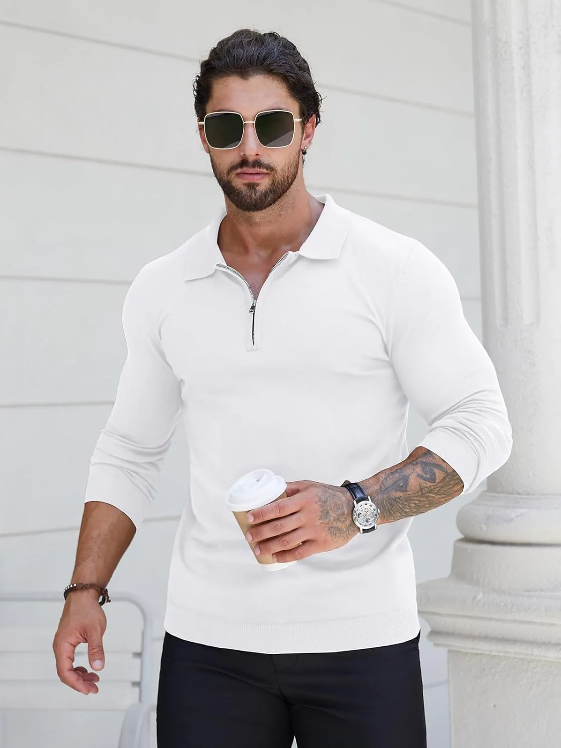 RQP Mens Zipper Polo Shirts Knit Casual Shirts Short/Long Sleeve,Stretch Slim Fit Golf Shirts,Soft Pullover
