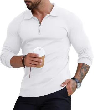 RQP Mens Zipper Polo Shirts Knit Casual Shirts Short/Long Sleeve,Stretch Slim Fit Golf Shirts,Soft Pullover