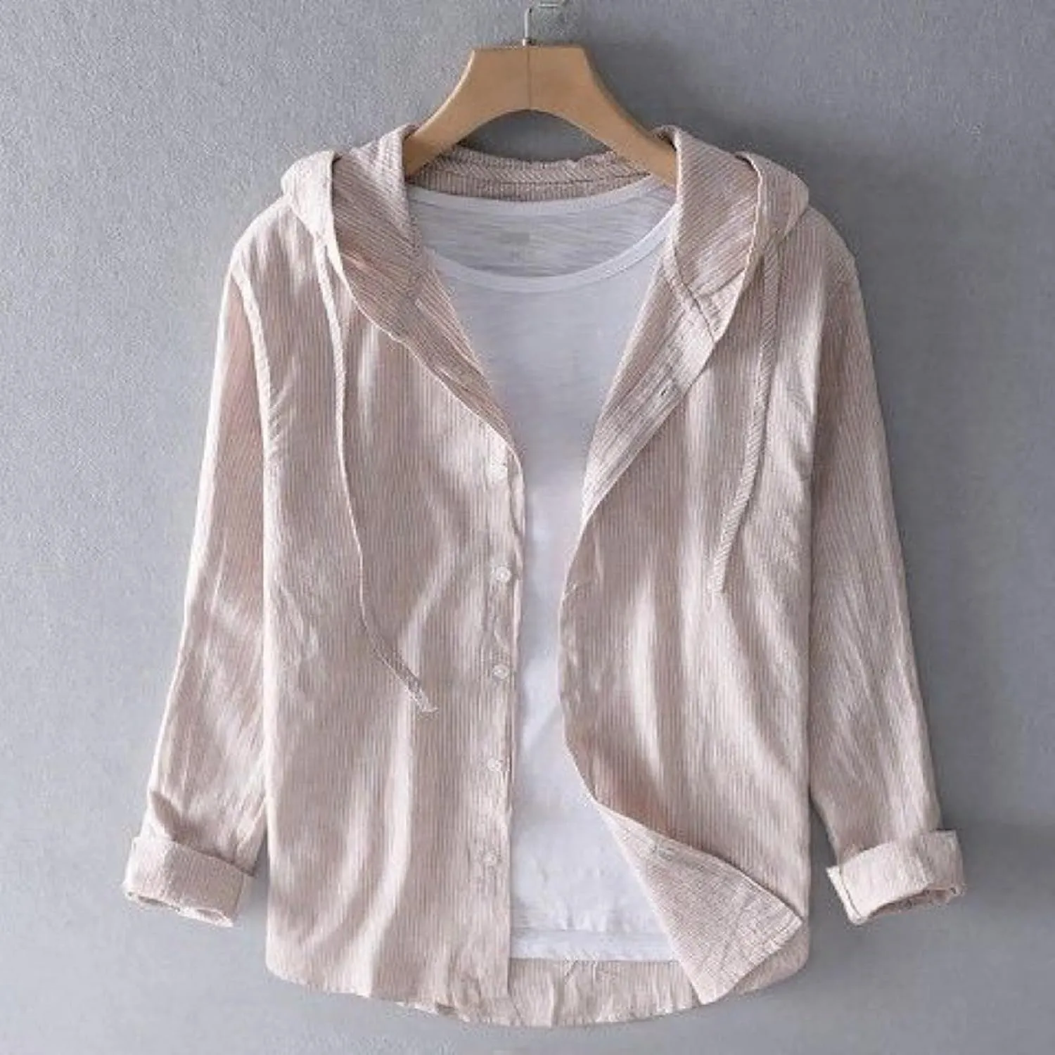 Spring and Summer New Men's Loose Fashion Sunscreen Hooded Long Sleeve Solid Color Linen Shirt Floral Sleeve Men Shirt