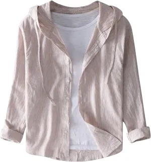 Spring and Summer New Men's Loose Fashion Sunscreen Hooded Long Sleeve Solid Color Linen Shirt Floral Sleeve Men Shirt