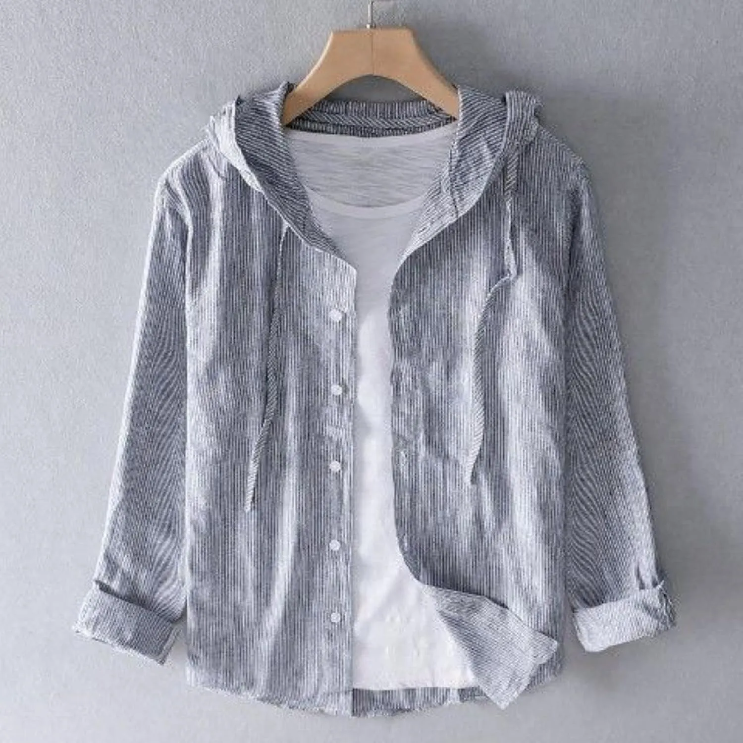 Spring and Summer New Men's Loose Fashion Sunscreen Hooded Long Sleeve Solid Color Linen Shirt Floral Sleeve Men Shirt