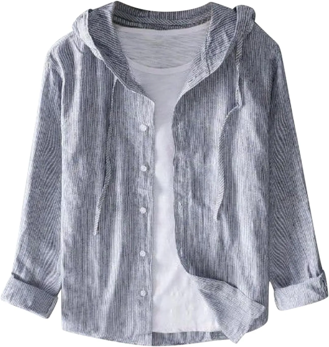 Spring and Summer New Men's Loose Fashion Sunscreen Hooded Long Sleeve Solid Color Linen Shirt Floral Sleeve Men Shirt