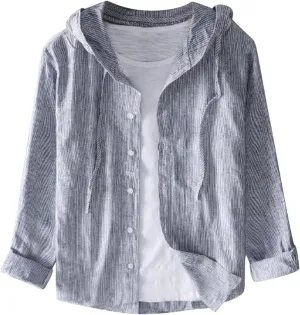 Spring and Summer New Men's Loose Fashion Sunscreen Hooded Long Sleeve Solid Color Linen Shirt Floral Sleeve Men Shirt