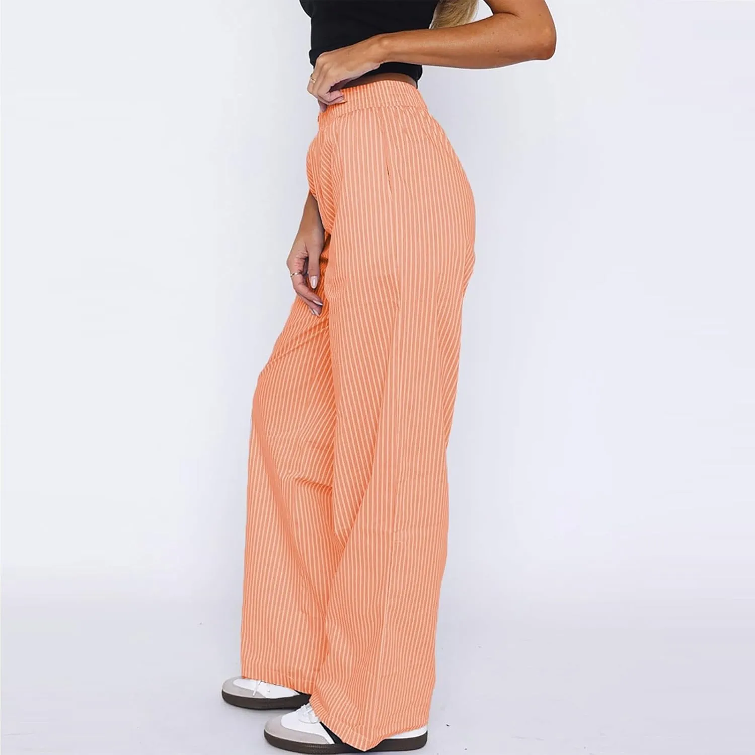 Striped Pants Women Y2k Stretch Wide Leg Lounge Pants Casual Soft High Waisted Comfy Trouser Pants Preppy Pants