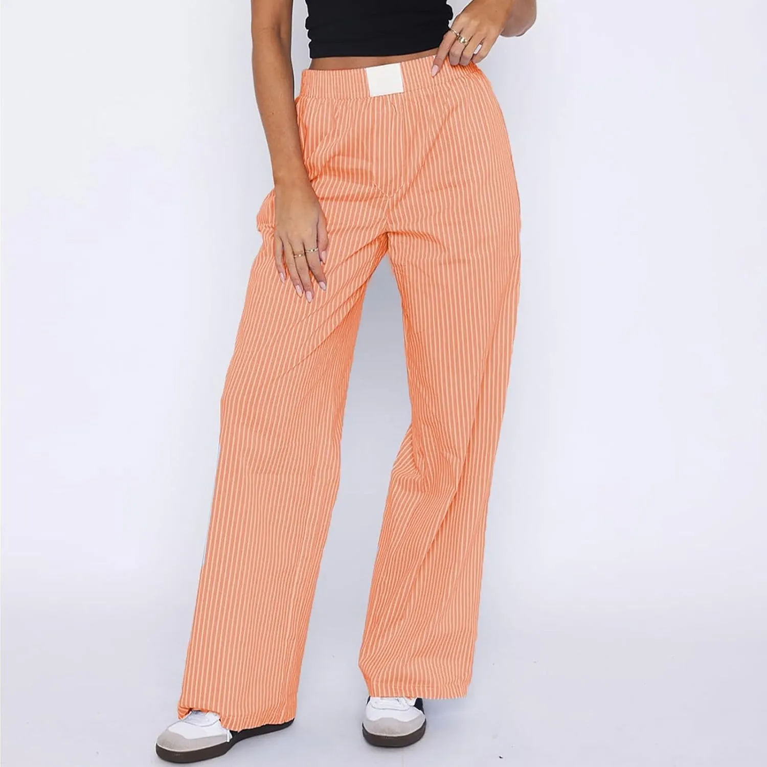 Striped Pants Women Y2k Stretch Wide Leg Lounge Pants Casual Soft High Waisted Comfy Trouser Pants Preppy Pants