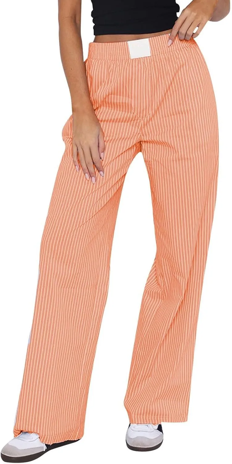 Striped Pants Women Y2k Stretch Wide Leg Lounge Pants Casual Soft High Waisted Comfy Trouser Pants Preppy Pants