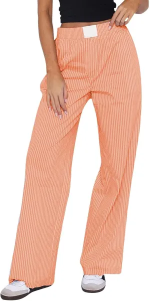 Striped Pants Women Y2k Stretch Wide Leg Lounge Pants Casual Soft High Waisted Comfy Trouser Pants Preppy Pants