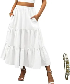 Summer Boho Skirts for Women High Waist Tiered Maxi Skirt Long Flowy Beach Skirt with Pocket
