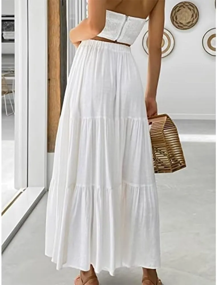 Summer Boho Skirts for Women High Waist Tiered Maxi Skirt Long Flowy Beach Skirt with Pocket