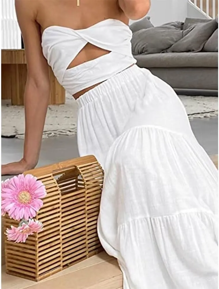 Summer Boho Skirts for Women High Waist Tiered Maxi Skirt Long Flowy Beach Skirt with Pocket