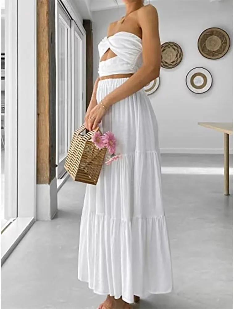 Summer Boho Skirts for Women High Waist Tiered Maxi Skirt Long Flowy Beach Skirt with Pocket
