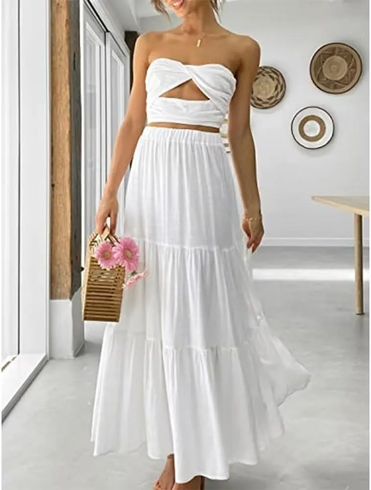 Summer Boho Skirts for Women High Waist Tiered Maxi Skirt Long Flowy Beach Skirt with Pocket
