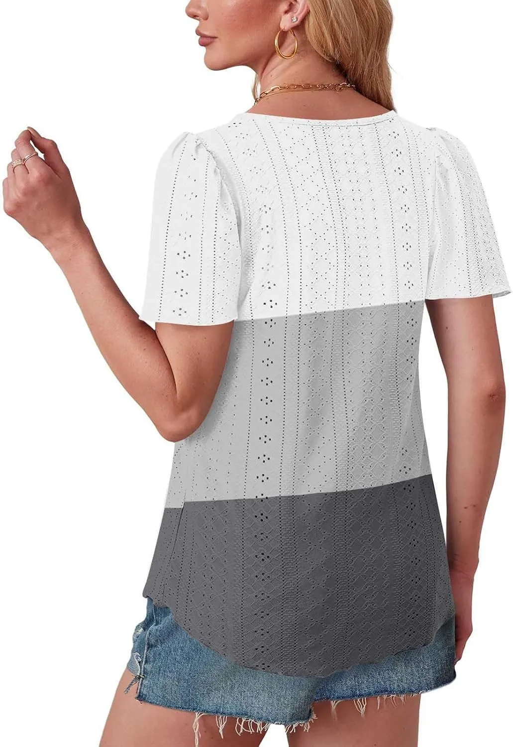Summer Tops for Women Trendy Eyelet Hollow Out T-Shirts Crewneck Color Block Shirts Casual Loose Fit Tunic Blouse