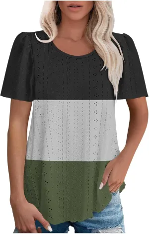 Summer Tops for Women Trendy Eyelet Hollow Out T-Shirts Crewneck Color Block Shirts Casual Loose Fit Tunic Blouse
