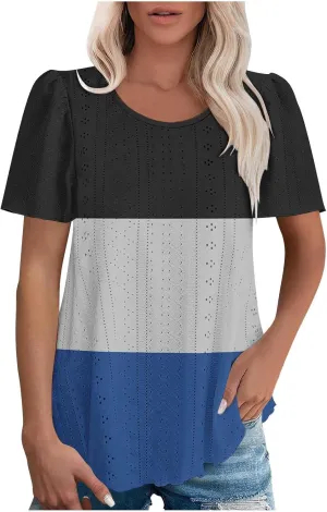 Summer Tops for Women Trendy Eyelet Hollow Out T-Shirts Crewneck Color Block Shirts Casual Loose Fit Tunic Blouse