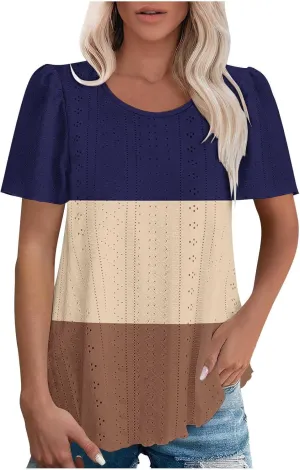 Summer Tops for Women Trendy Eyelet Hollow Out T-Shirts Crewneck Color Block Shirts Casual Loose Fit Tunic Blouse