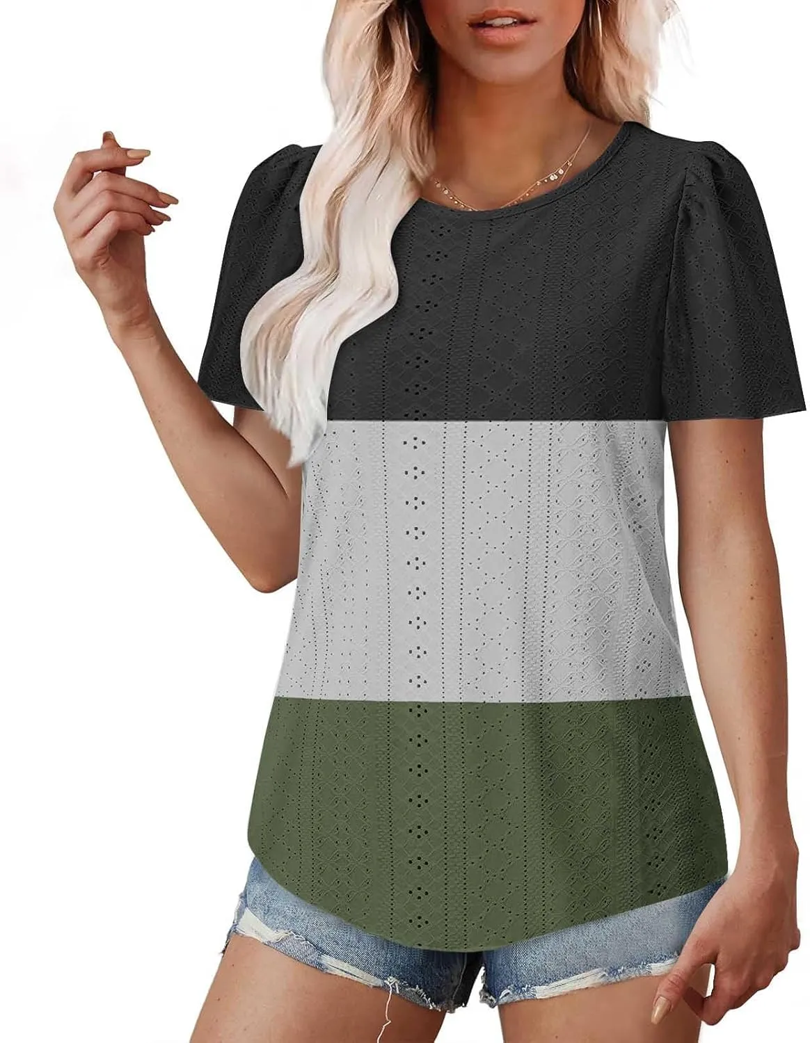 Summer Tops for Women Trendy Eyelet Hollow Out T-Shirts Crewneck Color Block Shirts Casual Loose Fit Tunic Blouse