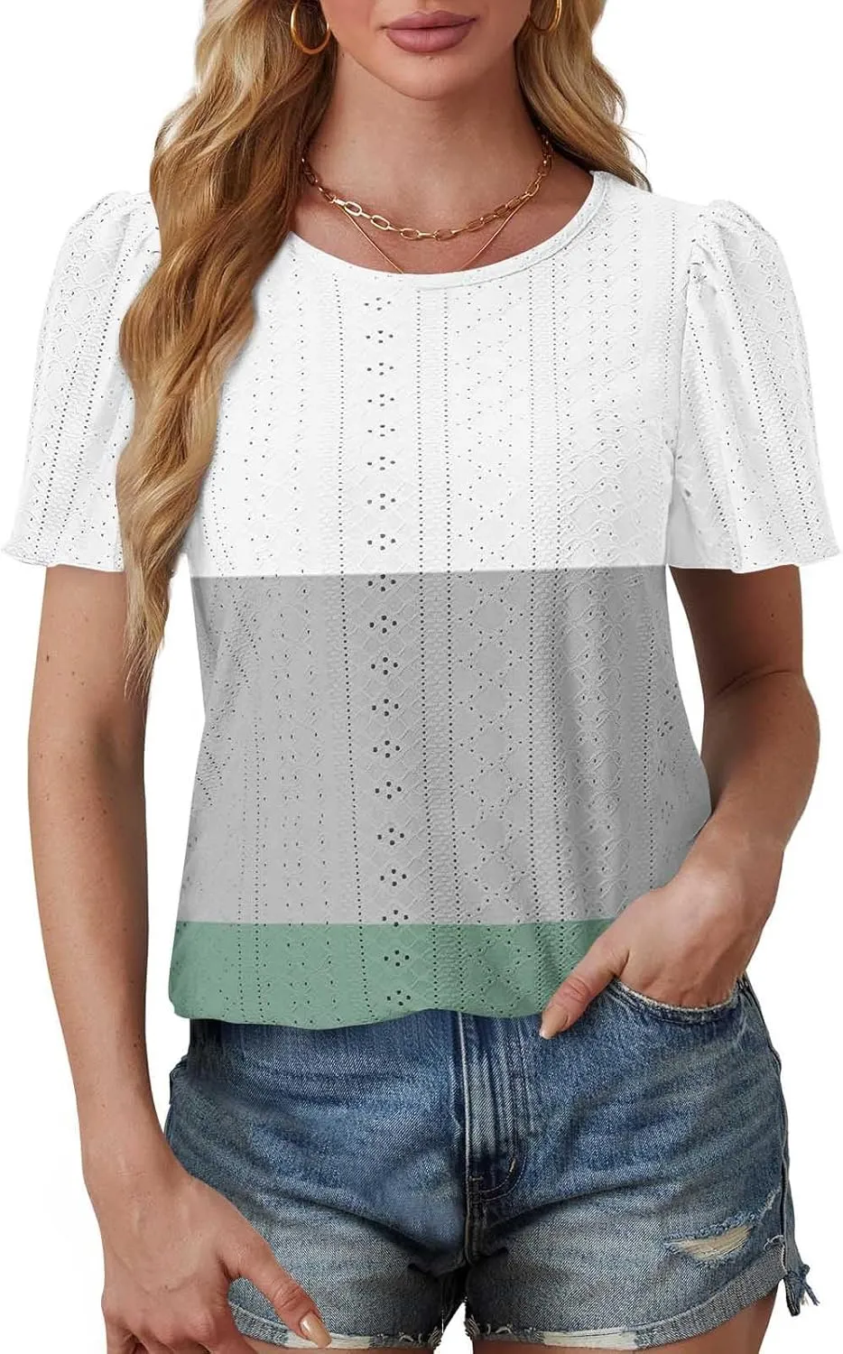 Summer Tops for Women Trendy Eyelet Hollow Out T-Shirts Crewneck Color Block Shirts Casual Loose Fit Tunic Blouse
