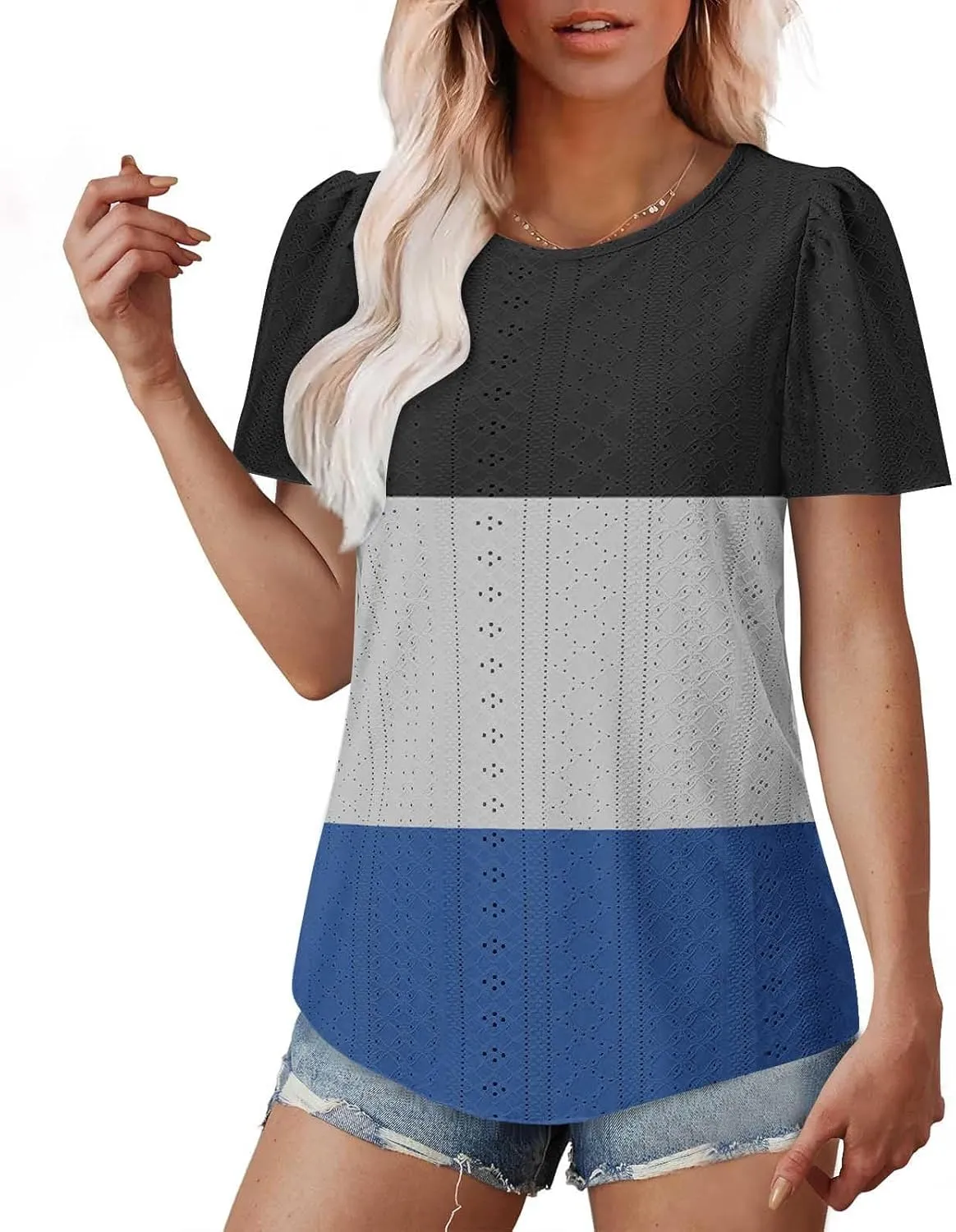 Summer Tops for Women Trendy Eyelet Hollow Out T-Shirts Crewneck Color Block Shirts Casual Loose Fit Tunic Blouse