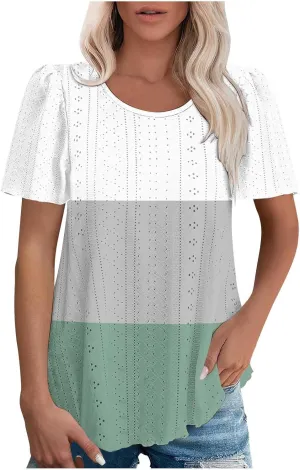 Summer Tops for Women Trendy Eyelet Hollow Out T-Shirts Crewneck Color Block Shirts Casual Loose Fit Tunic Blouse