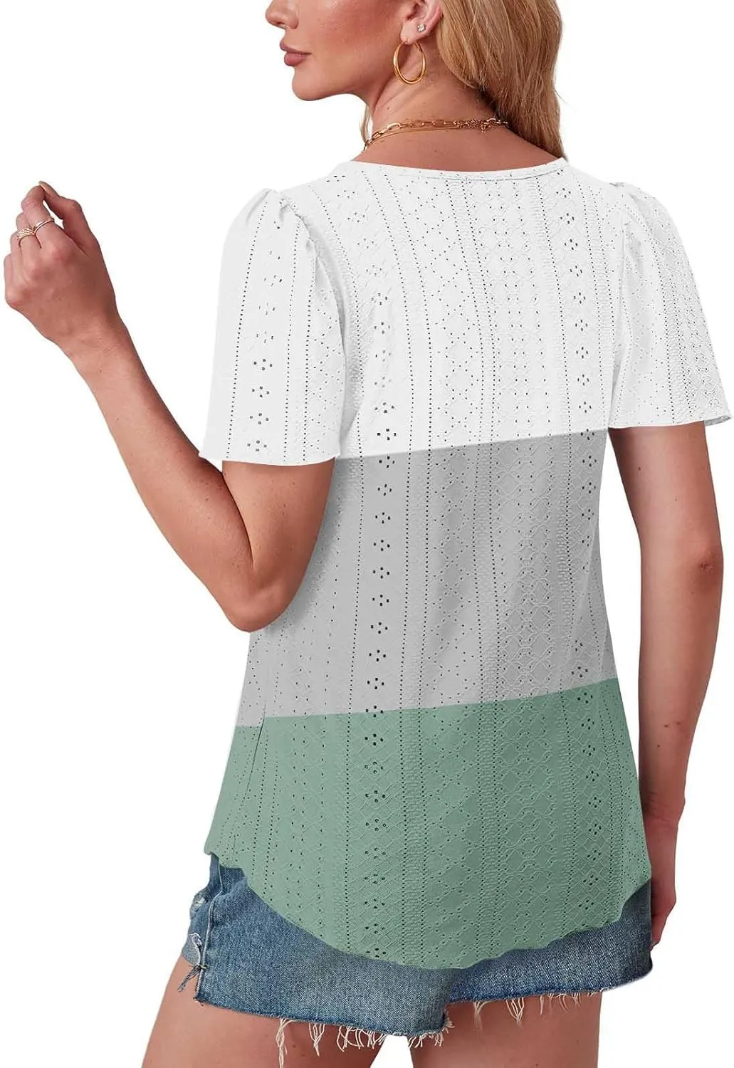 Summer Tops for Women Trendy Eyelet Hollow Out T-Shirts Crewneck Color Block Shirts Casual Loose Fit Tunic Blouse
