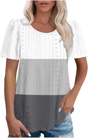 Summer Tops for Women Trendy Eyelet Hollow Out T-Shirts Crewneck Color Block Shirts Casual Loose Fit Tunic Blouse