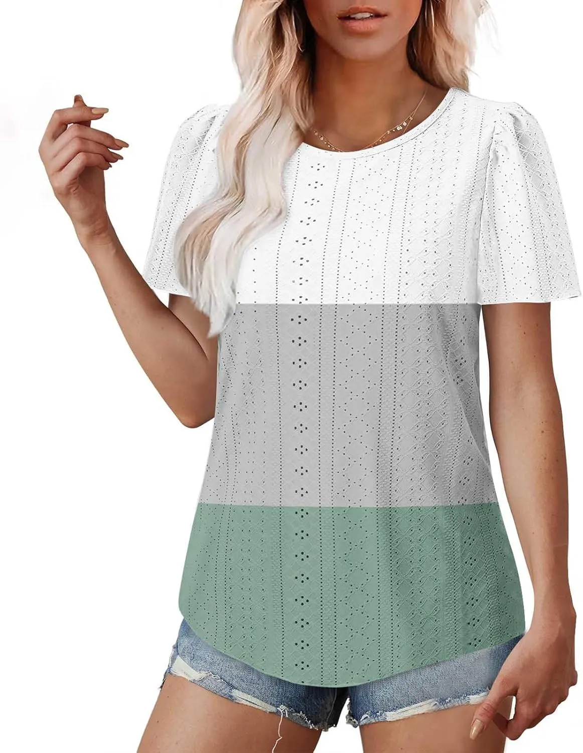 Summer Tops for Women Trendy Eyelet Hollow Out T-Shirts Crewneck Color Block Shirts Casual Loose Fit Tunic Blouse