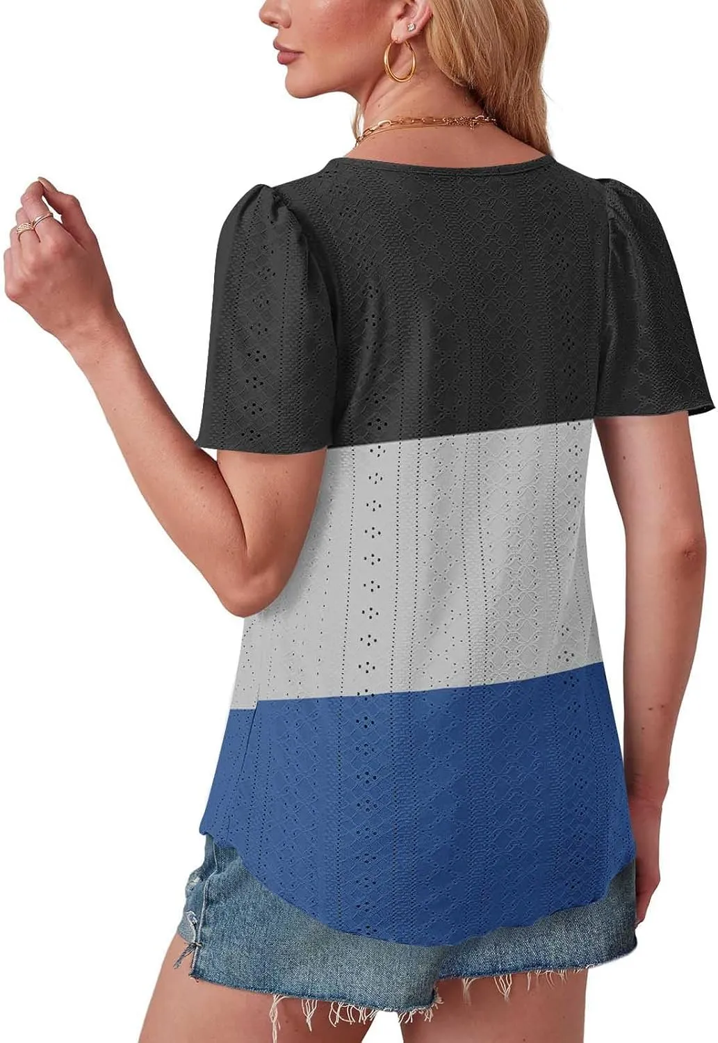 Summer Tops for Women Trendy Eyelet Hollow Out T-Shirts Crewneck Color Block Shirts Casual Loose Fit Tunic Blouse